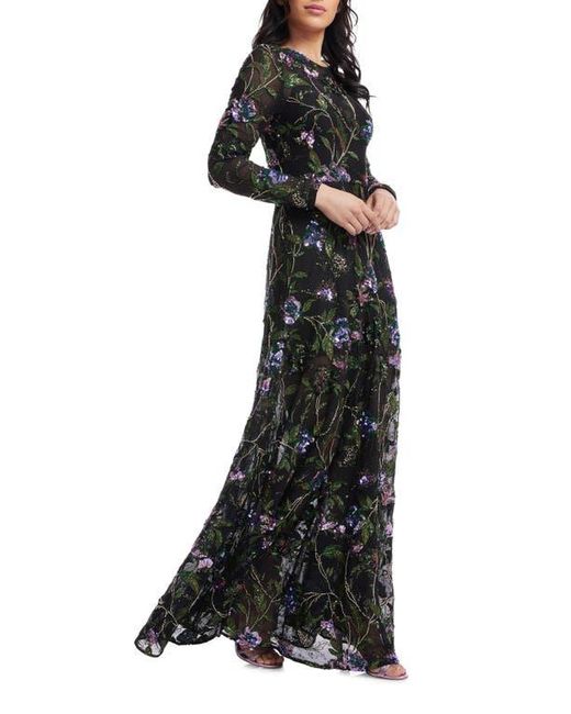 Dress the Population Black Ava Sequin Floral Long Sleeve A-Line Gown