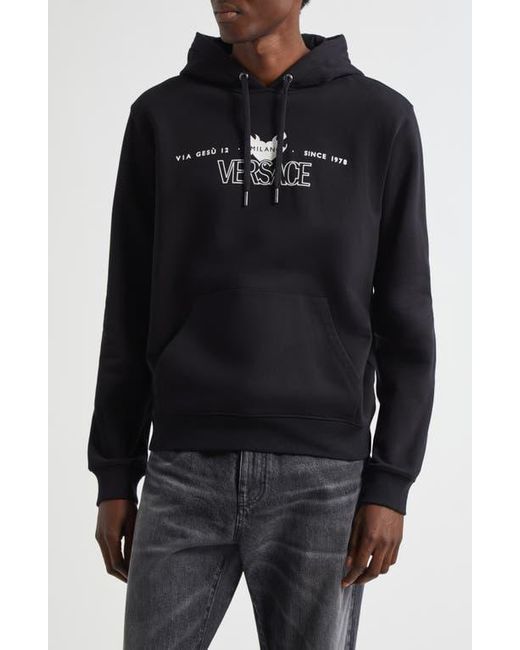Versace Black Via Gesù Logo Graphic Hoodie for men