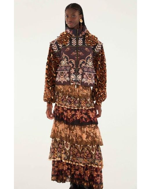 Farm Rio Brown Mixed Scarf Print Tiered Ruffle Maxi Skirt