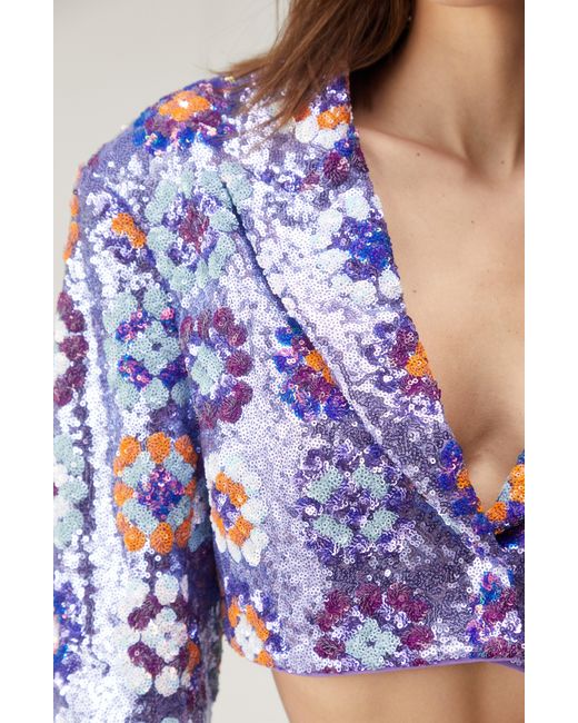 Nasty Gal Blue '70s Floral Sequin Crop Blazer
