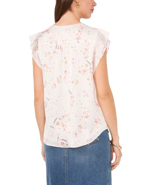 Vince Camuto White Floral Ruffle Cap Sleeve Top