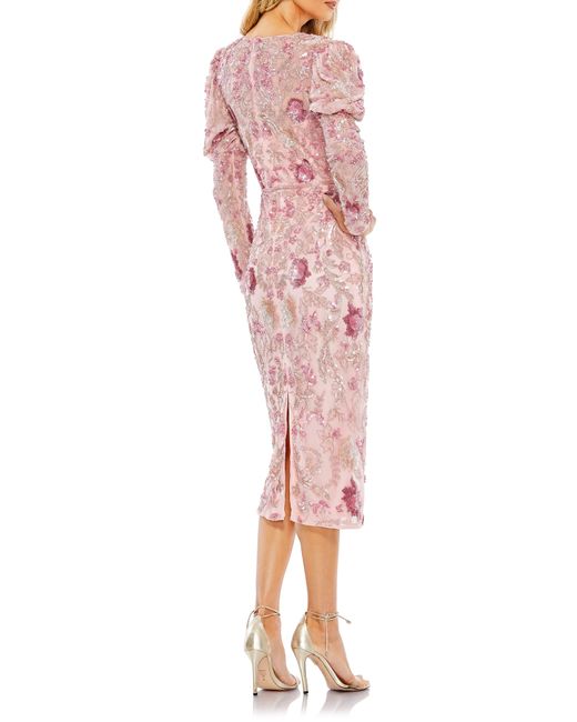 Mac Duggal Pink Beaded Floral Long Sleeve Sheath Cocktail Dress