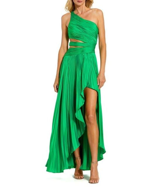 Mac Duggal Green One Shoulder Pleated Charmeuse Gown With Slit