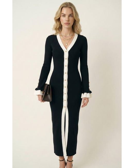 Modenaire Ribbed Knit Contrast Trim Button Front Midi Dress in Black | Lyst