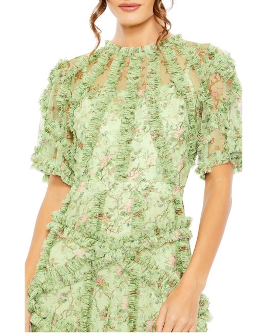 Mac Duggal Green Floral Flutter Sleeve Ruffle Mesh A-line Dress