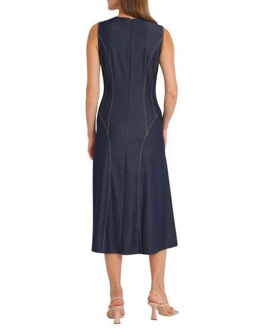 Maggy London Blue Contrast Stitch Sleeveless Denim Midi Dress