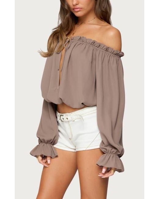 Edikted Brown Juna Off The Shoulder Ruffle Chiffon Top
