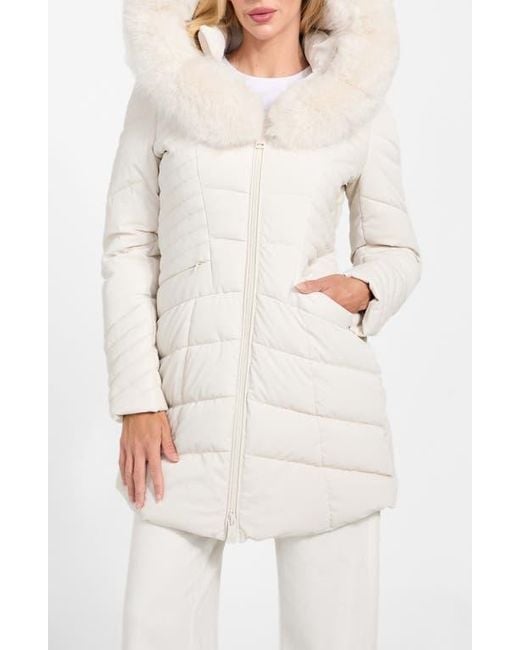 Guess White New Oxana Mixed Media Puffer Coat