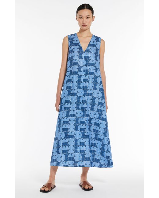 Max Mara Blue Urlo Geo Print Sleeveless Linen Dress