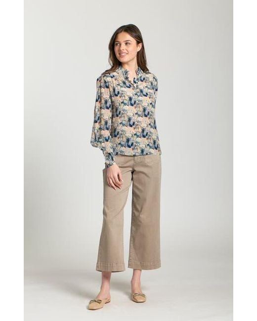 Apny Blue Puff Shoulder Button Front Top