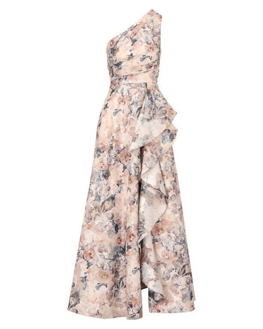 Aidan Mattox Natural Metallic Jacquard Ruffle One-Shoulder Ballgown