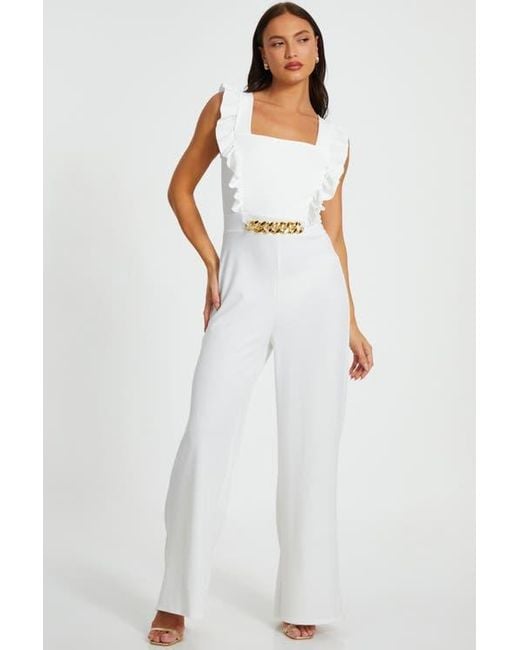 Quiz White Scuba Crepe Chain Front Frill Jumpsuit
