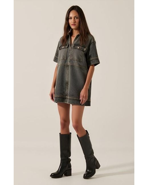 Modenaire Natural Solid Denim Mini Shirt Dress With Collared V-Neck, Short Sleeves And Chest Flap Pockets