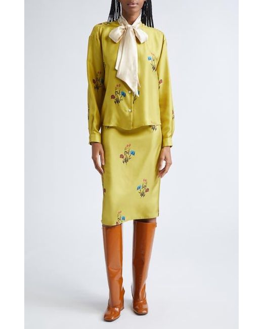 Marni Yellow Tulip Print Pleated Silk Twill Midi Skirt