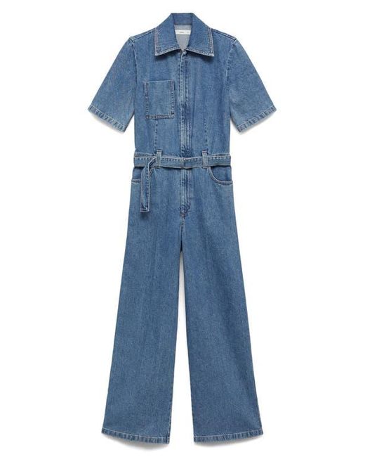 Mango Blue Fleur Tie Waist Denim Jumpsuit