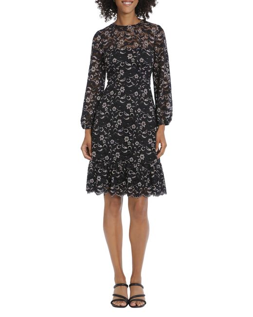 Maggy London Black Floral Lace Long Sleeve Fit & Flare Dress