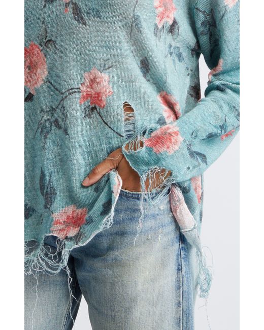 R13 Blue Oversize Distressed Floral Boyfriend Sweater