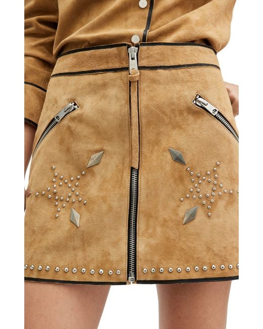 AllSaints Natural Karlson Lea Studded Suede Miniskirt