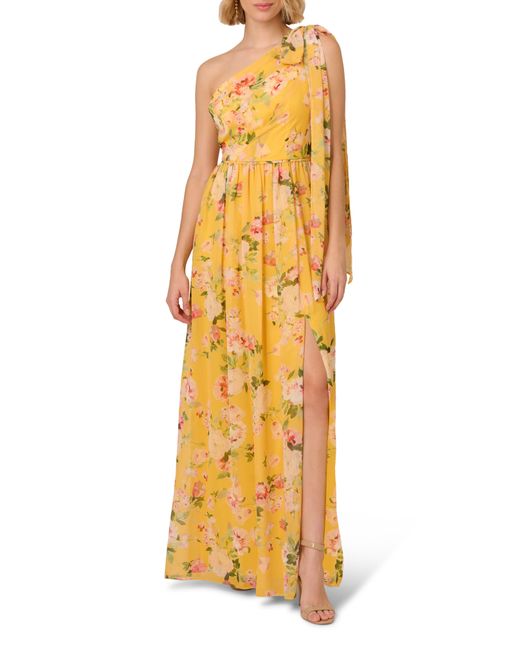 Adrianna Papell Metallic Floral One-shoulder Chiffon Gown