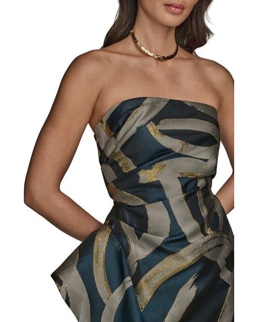 Donna Karan Green Ruffle Strapless Metallic Jacquard Trumpet Gown