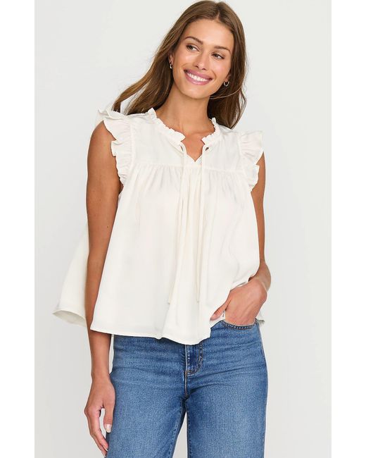 Lands' End White Split Neck Satin Ruffle Blouse