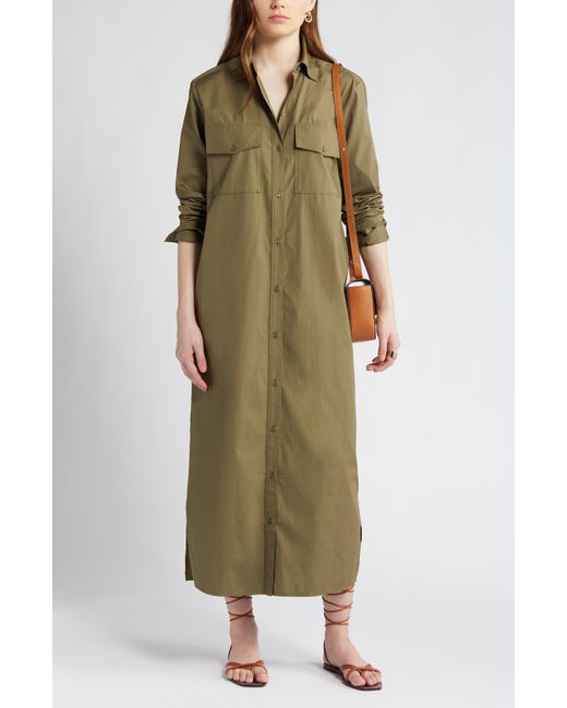 Nordstrom Green Two-pocket Long Sleeve Cotton Shirtdress