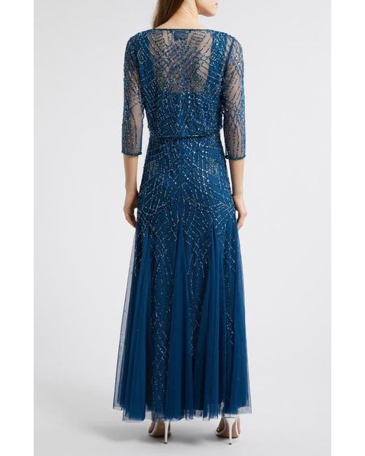 Pisarro Nights Blue Beaded Gown With Long Sleeve Jacket