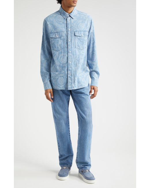 Versace Blue Baroque Cotton Chambray Snap-up Shirt for men