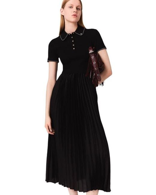 Maje Black Pleated Maxi Dress With Polo Collar
