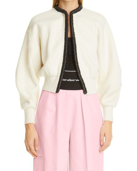 Alexander Wang Pink Ruched Faux Leather Trim Wool & Cashmere Cardigan
