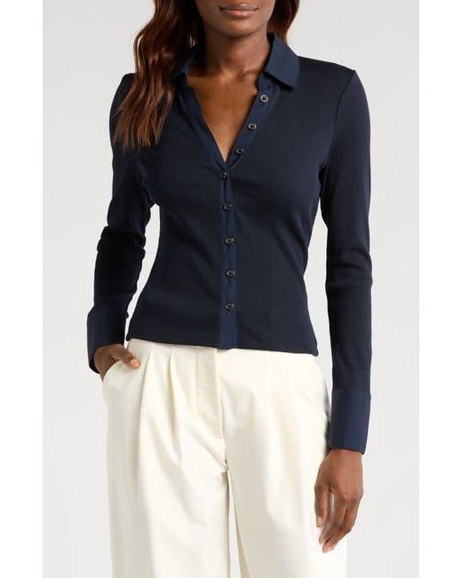 Veronica Beard Blue Scottie Knit Button-Up Shirt