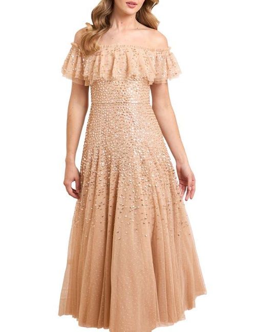 Needle & Thread Brown Dappled Sequin Off-Shoulder Ankle Gown