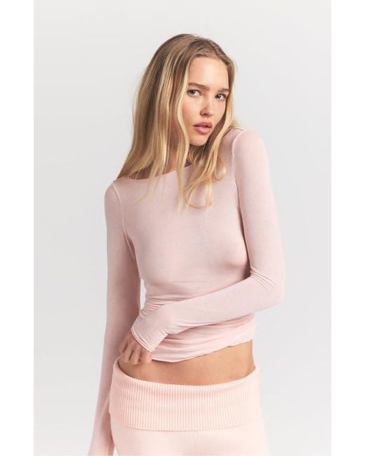 Skims Pink Sheer Modal Blend Long Sleeve Boat Neck Top