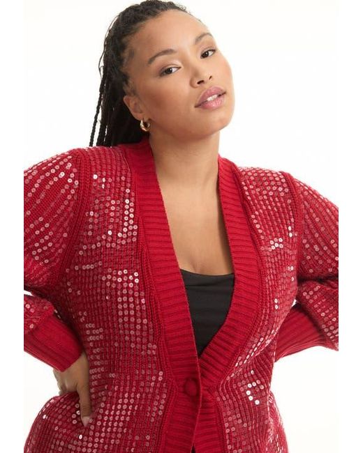June + Vie Red Sequin Button-Up Sweater
