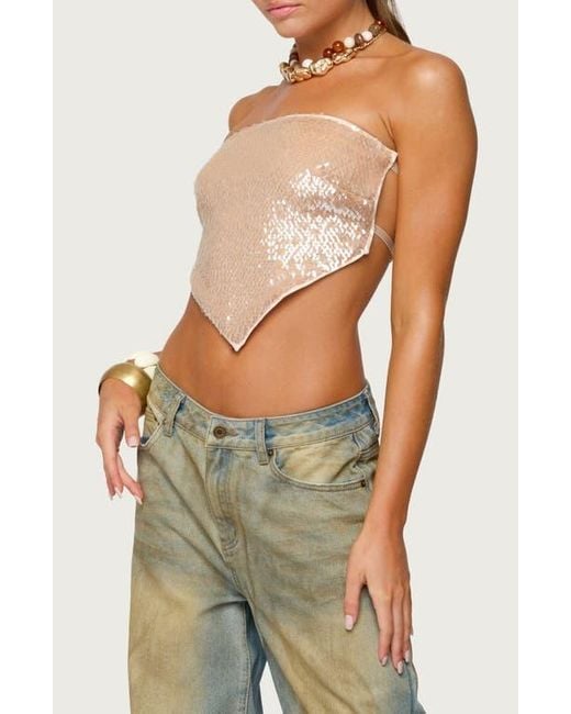 Edikted Green Sequin Strapless Handkerchief Crop Top