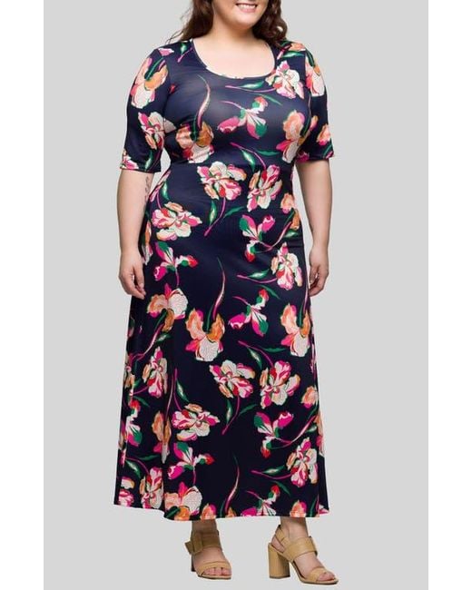 24seven Comfort Apparel Blue Floral Knit Maxi Dress