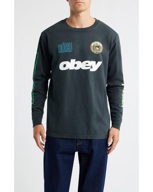Obey Blue Mega Global Mania Graphic Long Sleeve T-Shirt for men