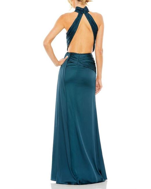 Mac Duggal Blue Open Back High Neck Side Ruched Gown