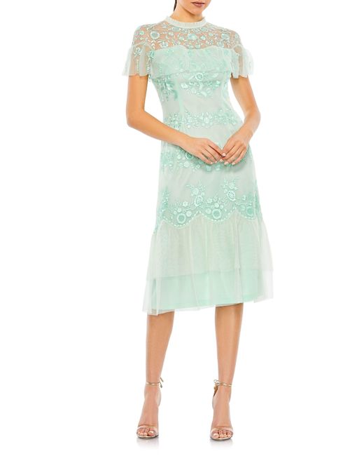 Mac Duggal Green Embroidered Midi A-line Cocktail Dress