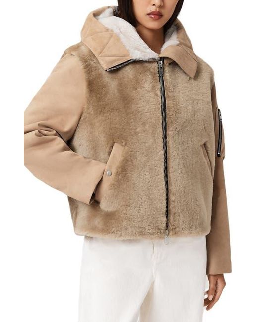 AllSaints Natural Dexter Genuine Shearling Bomber Jacket