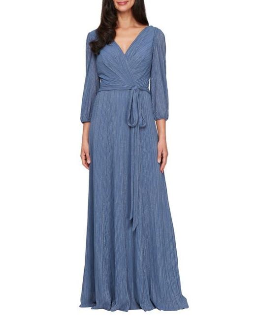 Alex Evenings Blue Metallic Micro Pleated Mesh Gown