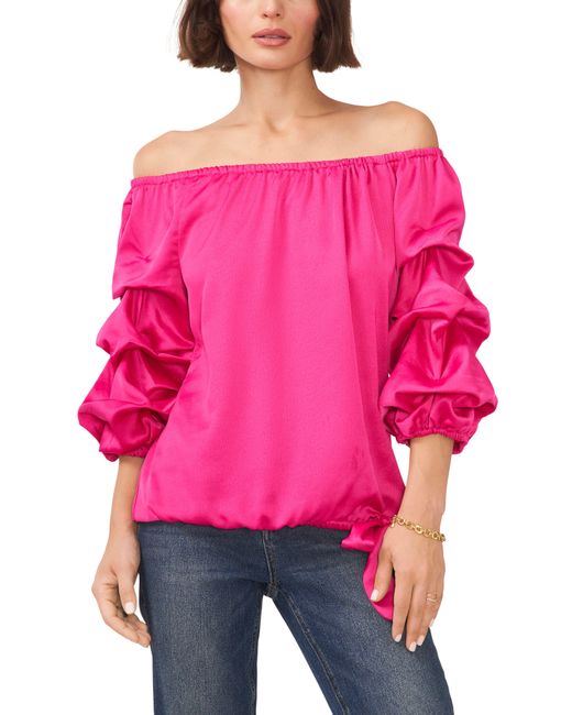 Vince Camuto Red Off The Shoulder Bubble Sleeve Satin Blouse
