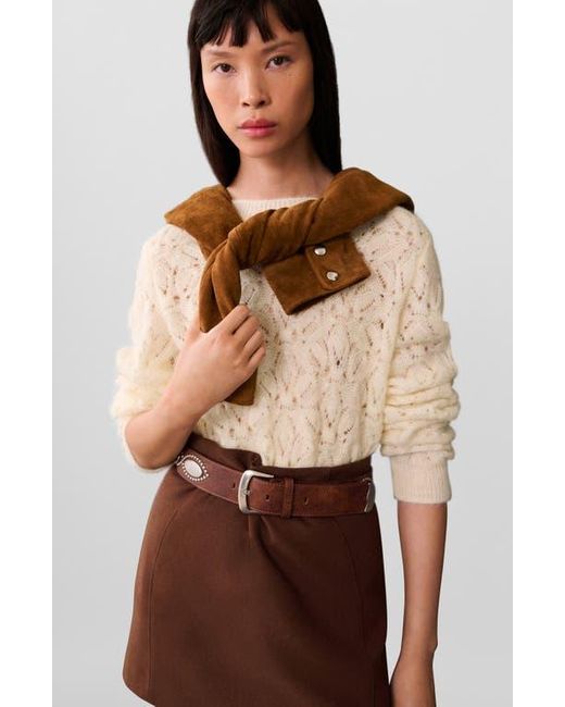 Mango White Floral Open Stitch Crewneck Sweater