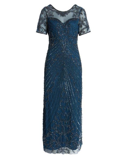 Pisarro Nights Blue Illusion Beaded Mesh Column Gown