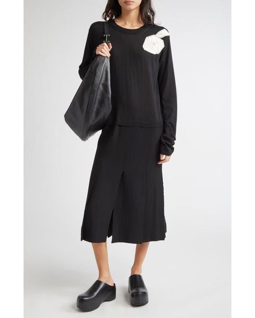 Marni Black Rose Appliqué Long Sleeve Virgin Wool & Silk Sweater Dress