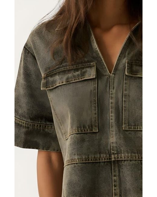 Modenaire Natural Solid Denim Mini Shirt Dress With Collared V-Neck, Short Sleeves And Chest Flap Pockets