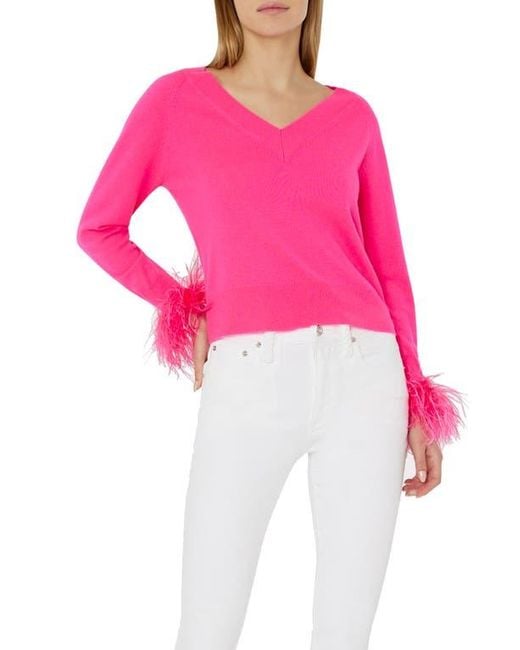 MILLY Pink Feather Cuff V-Neck Sweater