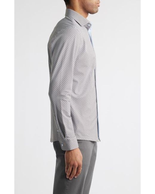 Stone Rose Gray Trim Fit Techno Stretch Diamond Geo Print Performance Button-Up Shirt for men