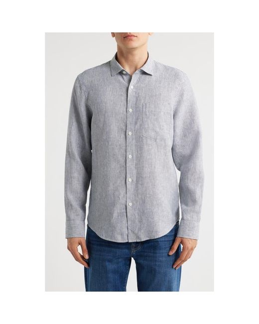 Nordstrom Gray Stripe Long Sleeve Linen Woven Button-Up Shirt for men