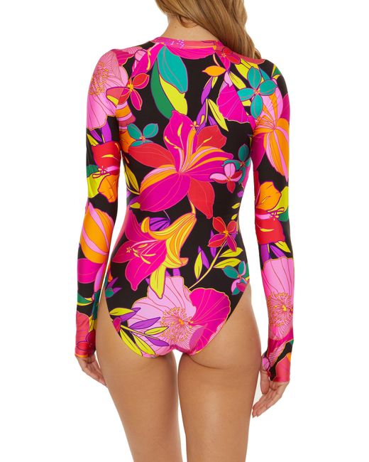 Trina Turk Pink Solar Floral Half Zip Long Sleeve One-piece Rashguard Swimsuit